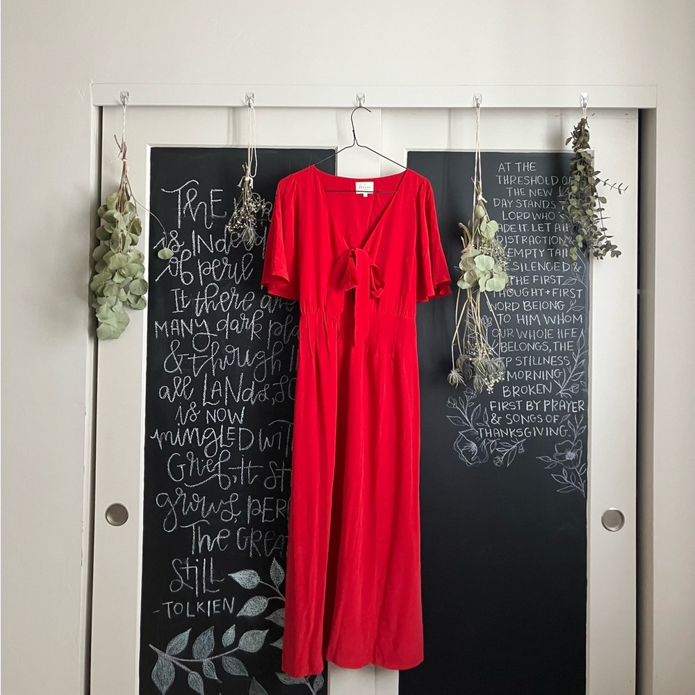 Sézane Red Midi Dress with Tie Front size US 8/FR 40